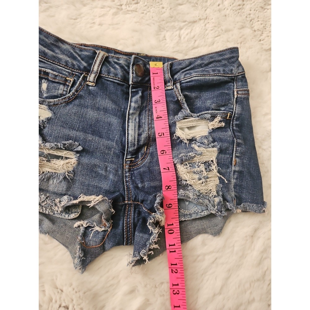 American Eagle Super Stretch Denim Shorts Womens Size 4 Hi-Rise Distressed Blue - Picture 7 of 12
